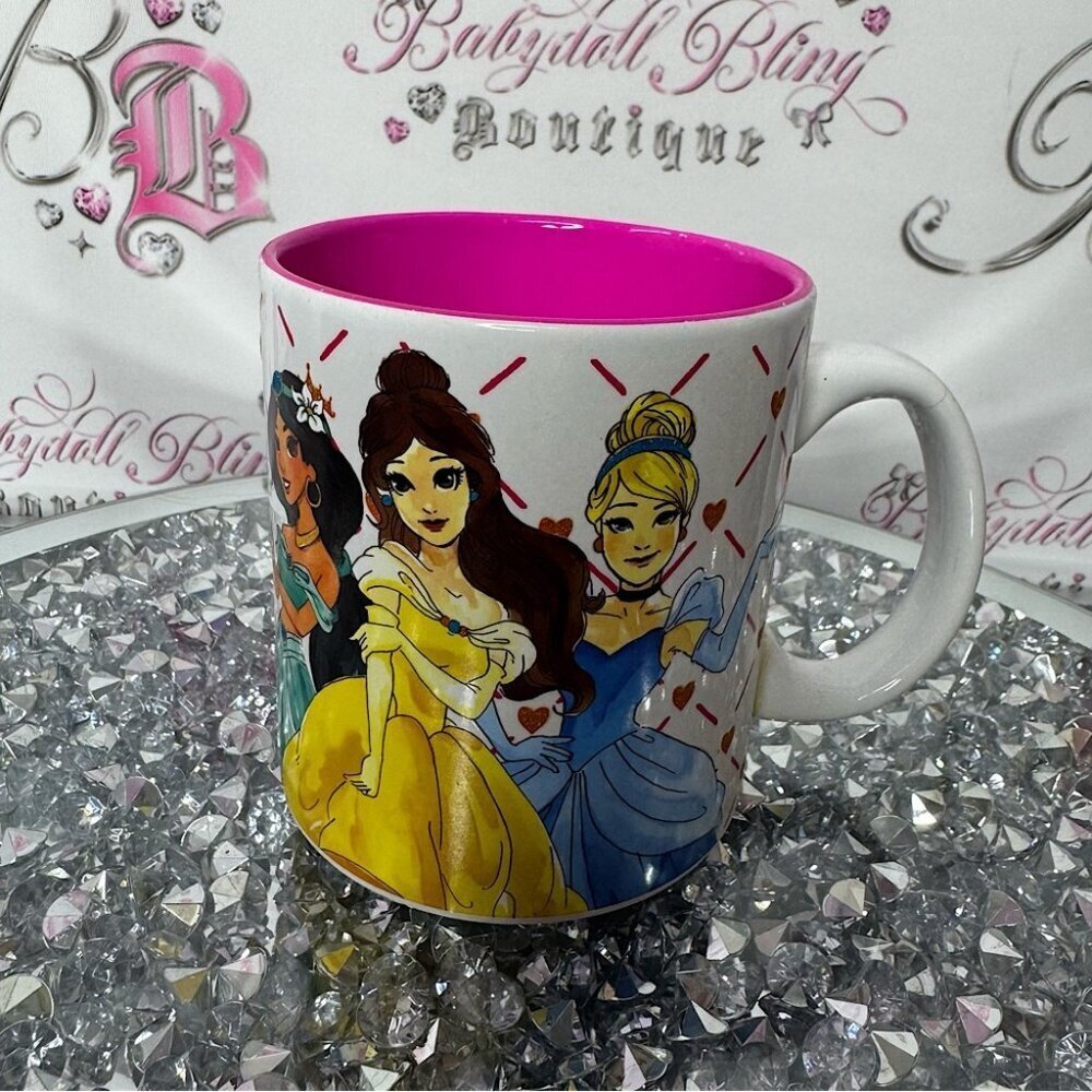 Disney mug princesses Cinderella belle jasmine pink white glitter cup  drinkware